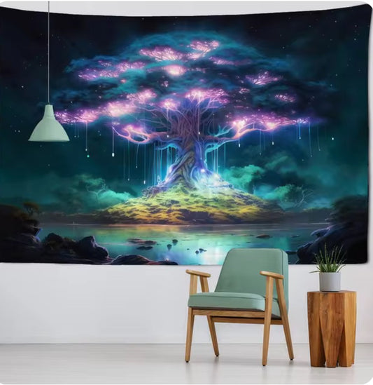 Mysterious tree tapestry psychedelic scene