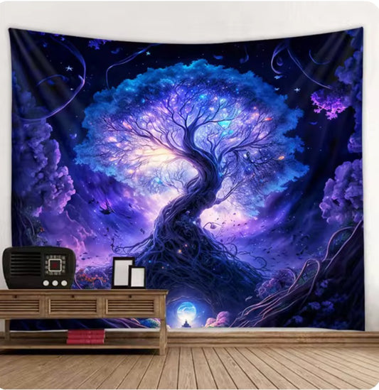 Blue and purple  tree tapestry psychedelic scene