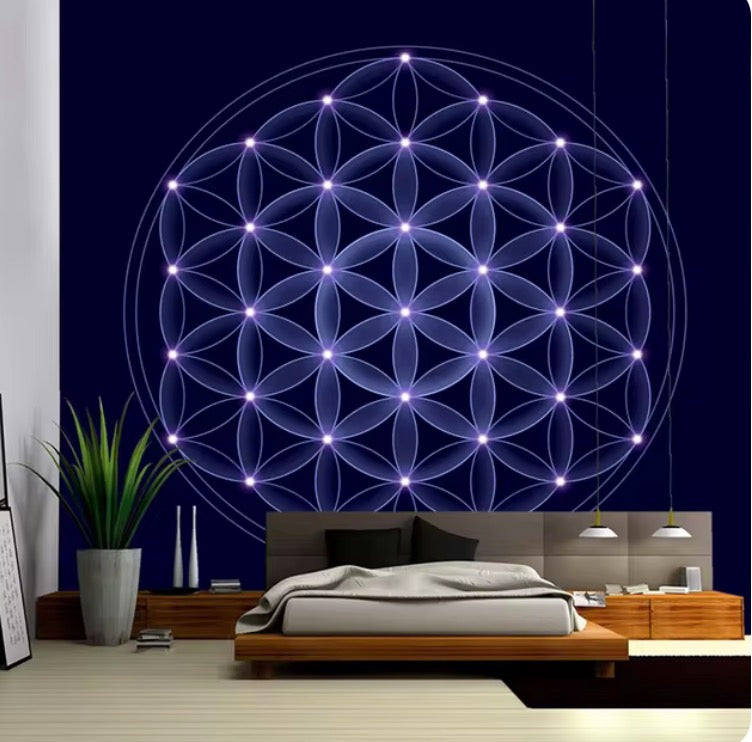 Blue and purple flower of life tapestry