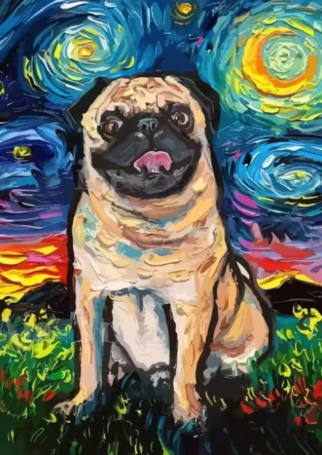 Humorous Pug in Starry Night Van Gogh Style Canvas Painting