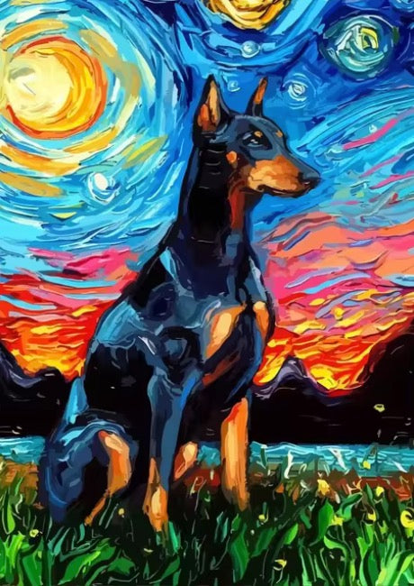 Doberman in Van Gogh's Starry Night Style Canvas Painting