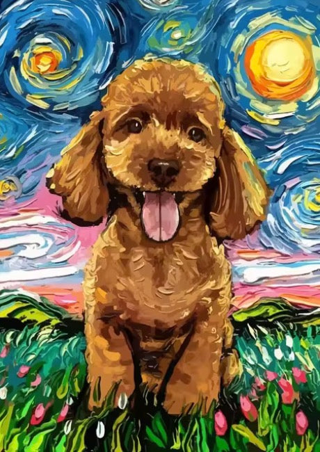 Humorous Dogs in Starry Night Van Gogh Style Canvas Painting